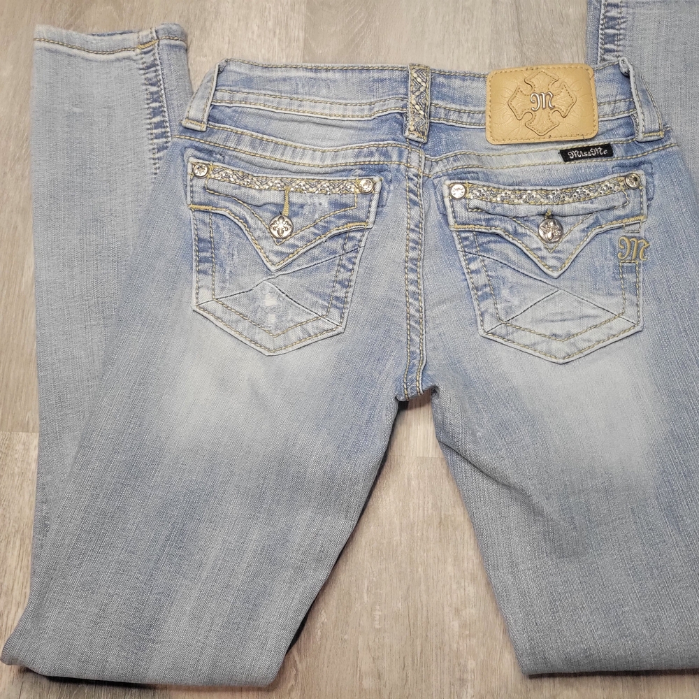 Miss Me Light Blue Skinny Jeans with Silver Accents